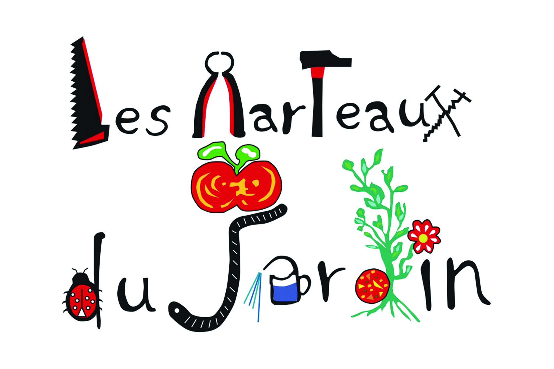 Logo de l'association Les Marteaux du Jardin, représentatives des activités de l'association : légumes des jardins partagés, outils de jardinage et de bricolage