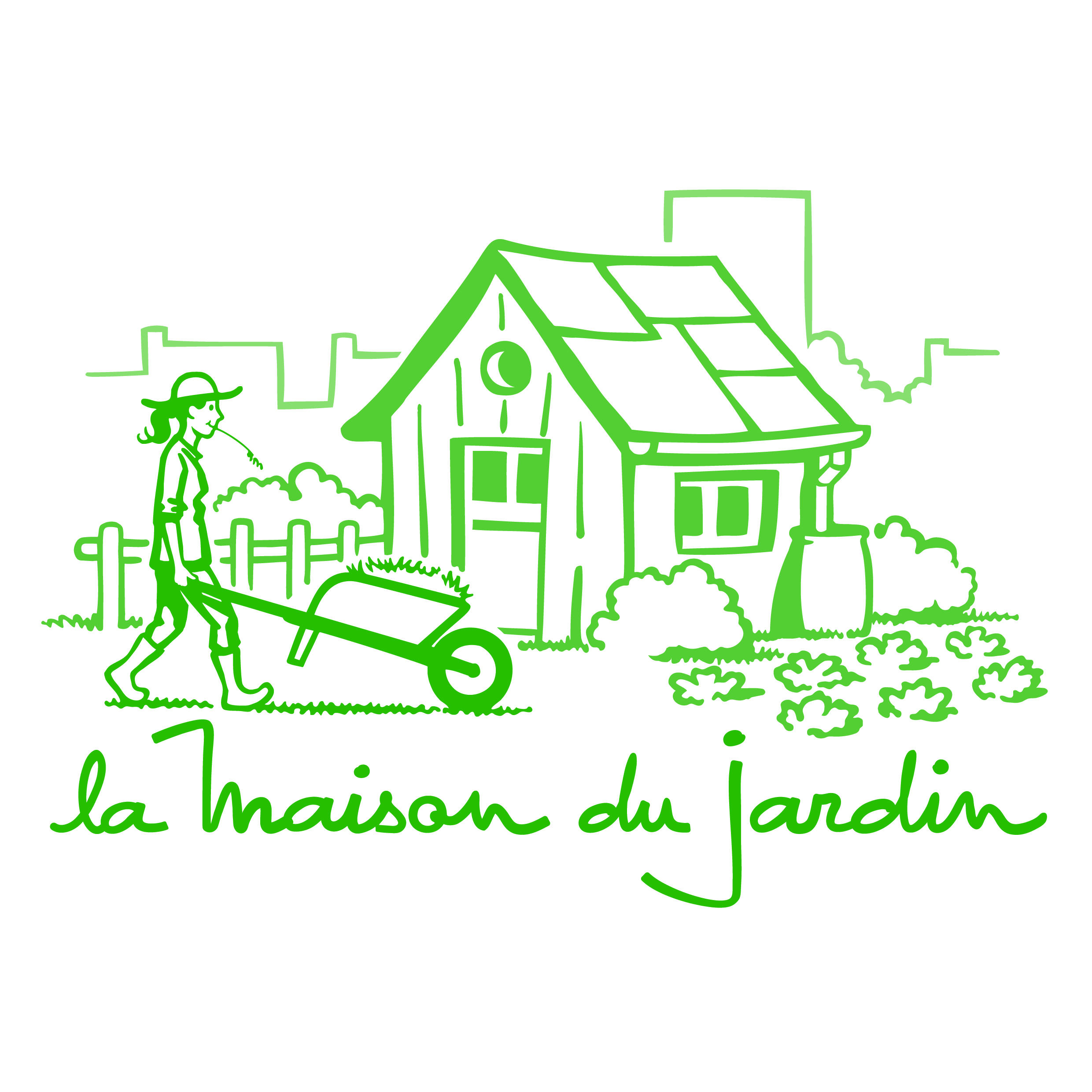 Logo association La Maison du Jardin, brouette, maison, jardinier, nature en ville