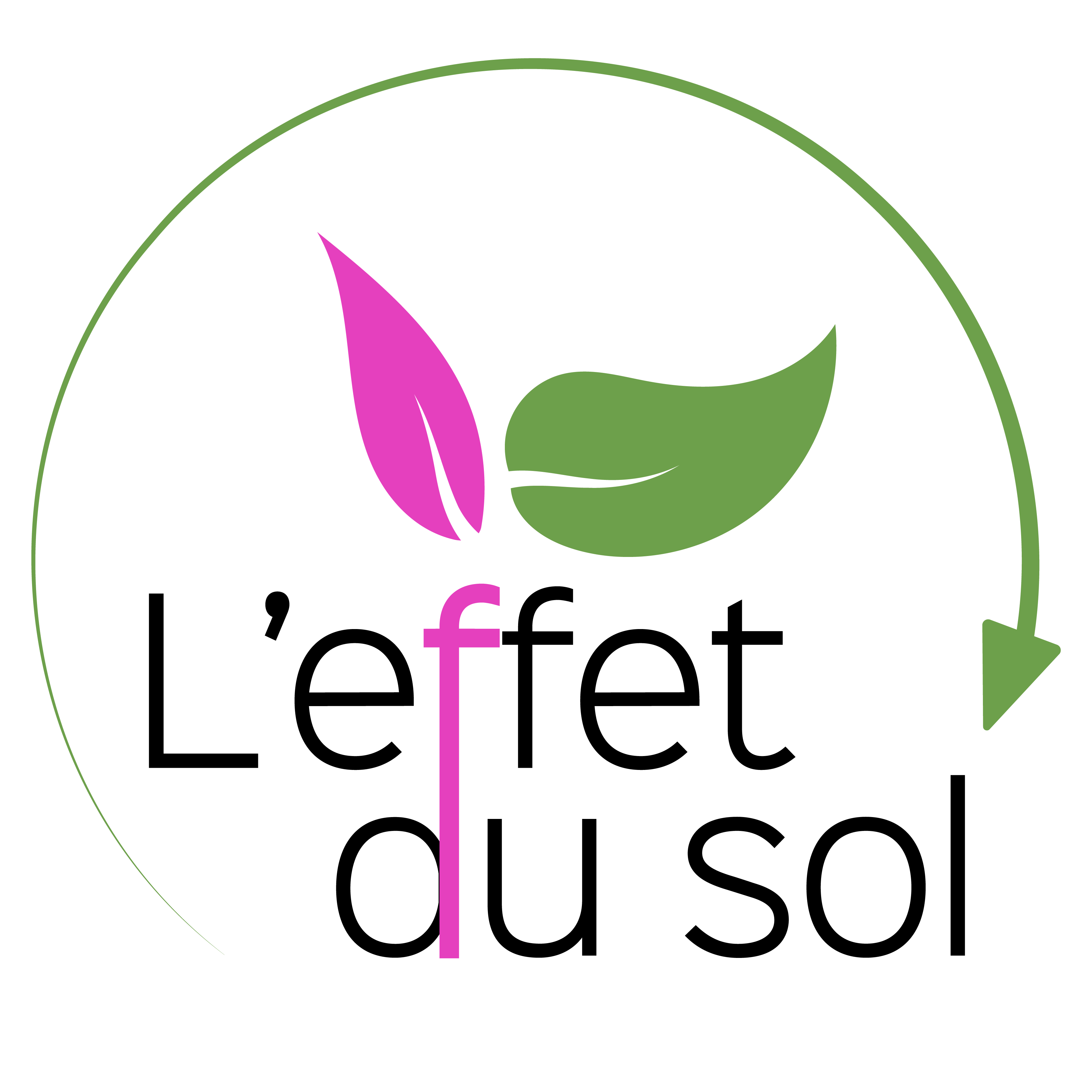 Texte de L'effet du sol avec deux feuilles rose et verte, entouré d'une flèche circulaire verte